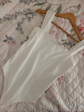 Abercrombie & Fitch White Square Neck Bodysuit with Wide Straps